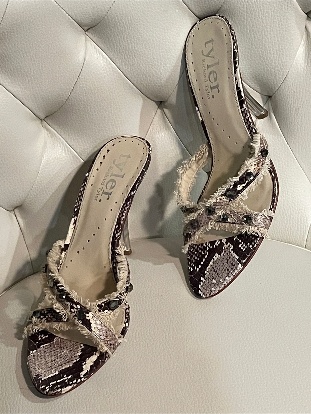 Richard Tyler Couture Brown and Cream Snake-Print Frayed Strap Heels Boho